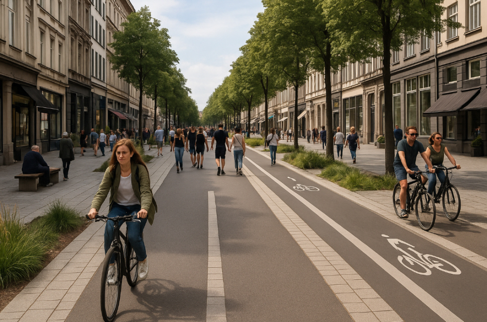 Car-free urban zone with pedestrians